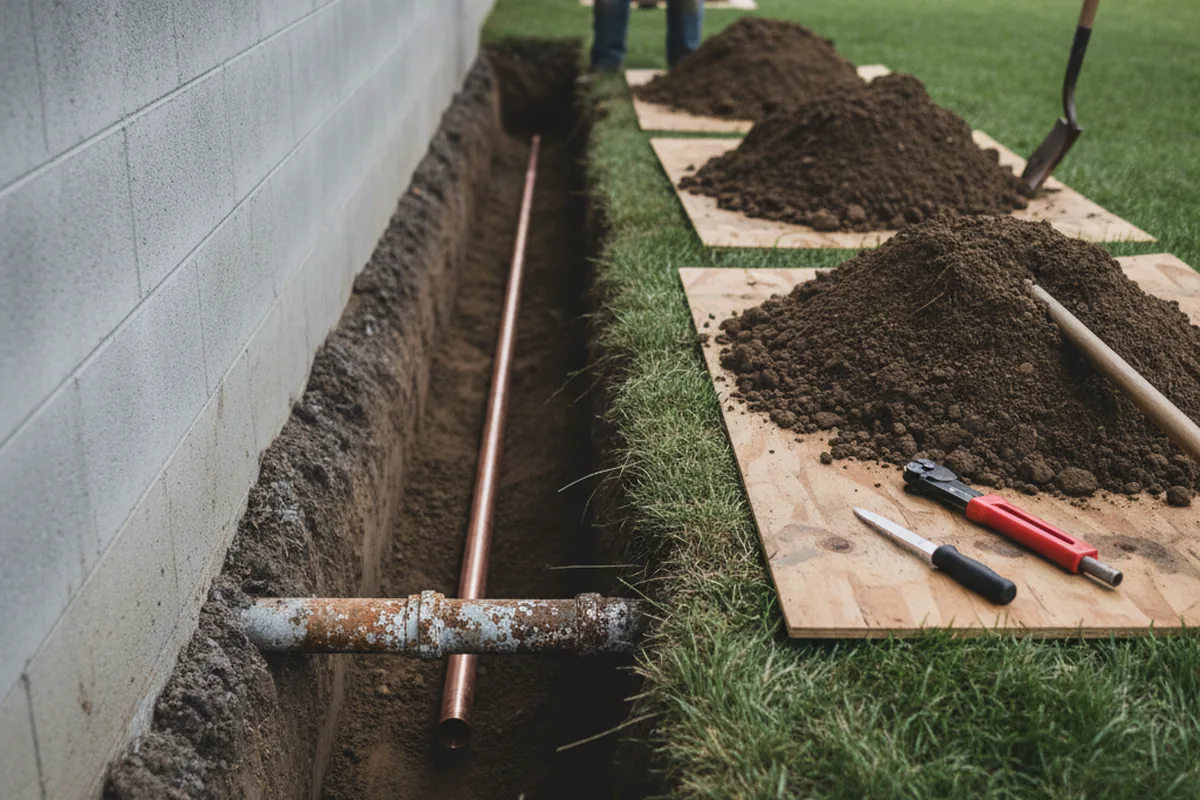 Excavated water line trench during Water Heater Repair in Cranks